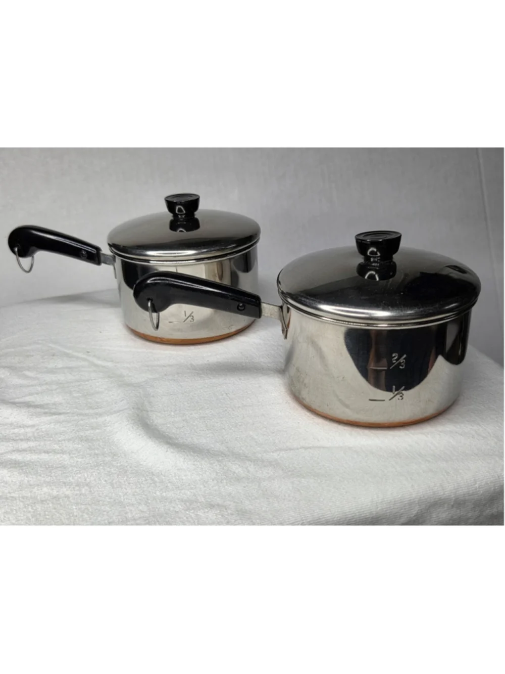 Vintage Revere Ware Miniature Measuring Saucepans w/Lids Copper Bottom Lot of 2